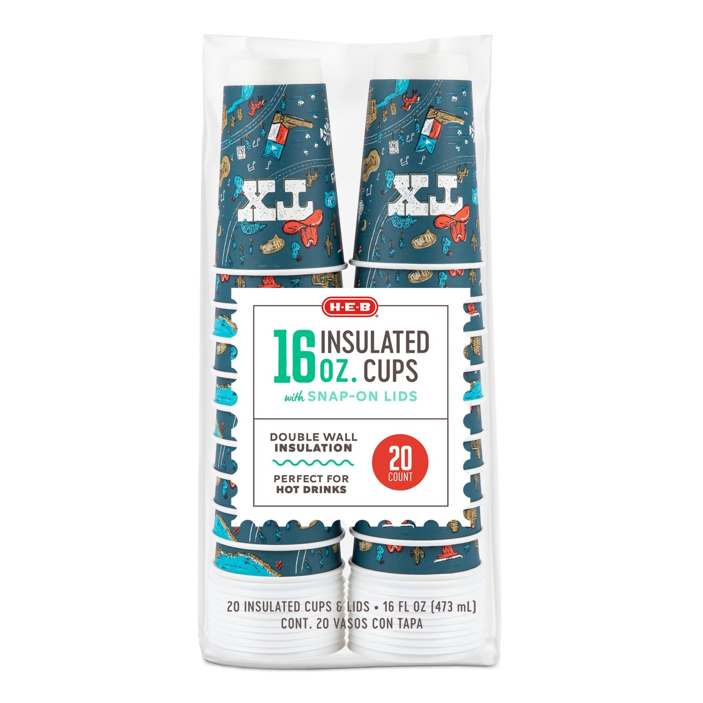 H-E-B 16 oz Insulated Coffee Cups with Snap-On Lids