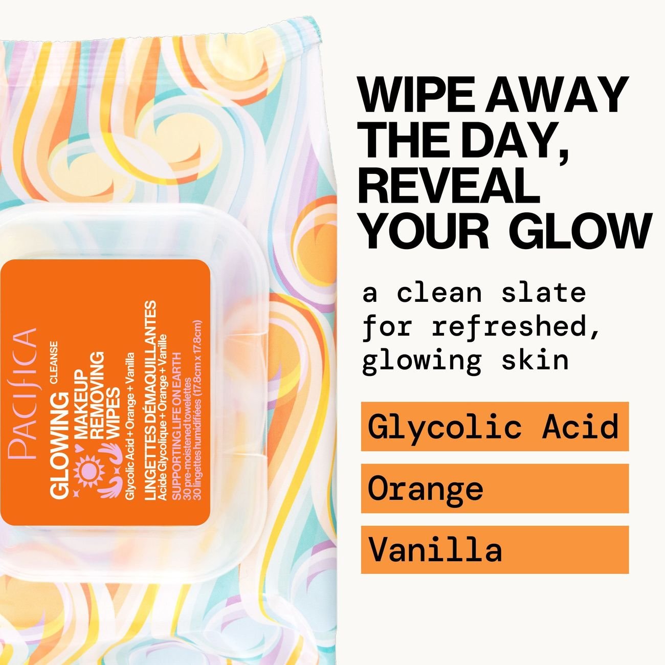 Pacifica Glowing Glycolic Acid Orange & Vanilla Makeup Removing Wipes