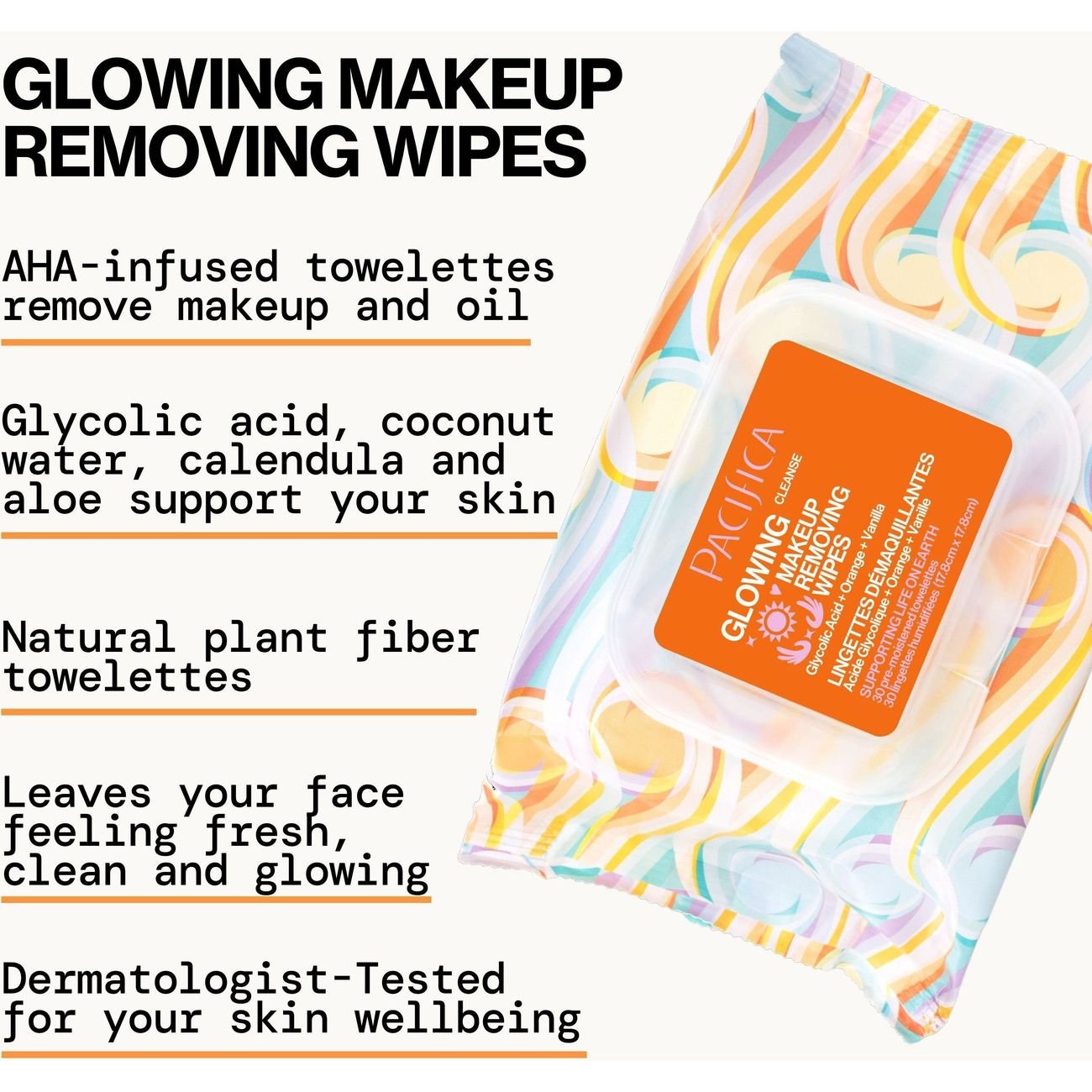 Pacifica Glowing Glycolic Acid Orange & Vanilla Makeup Removing Wipes