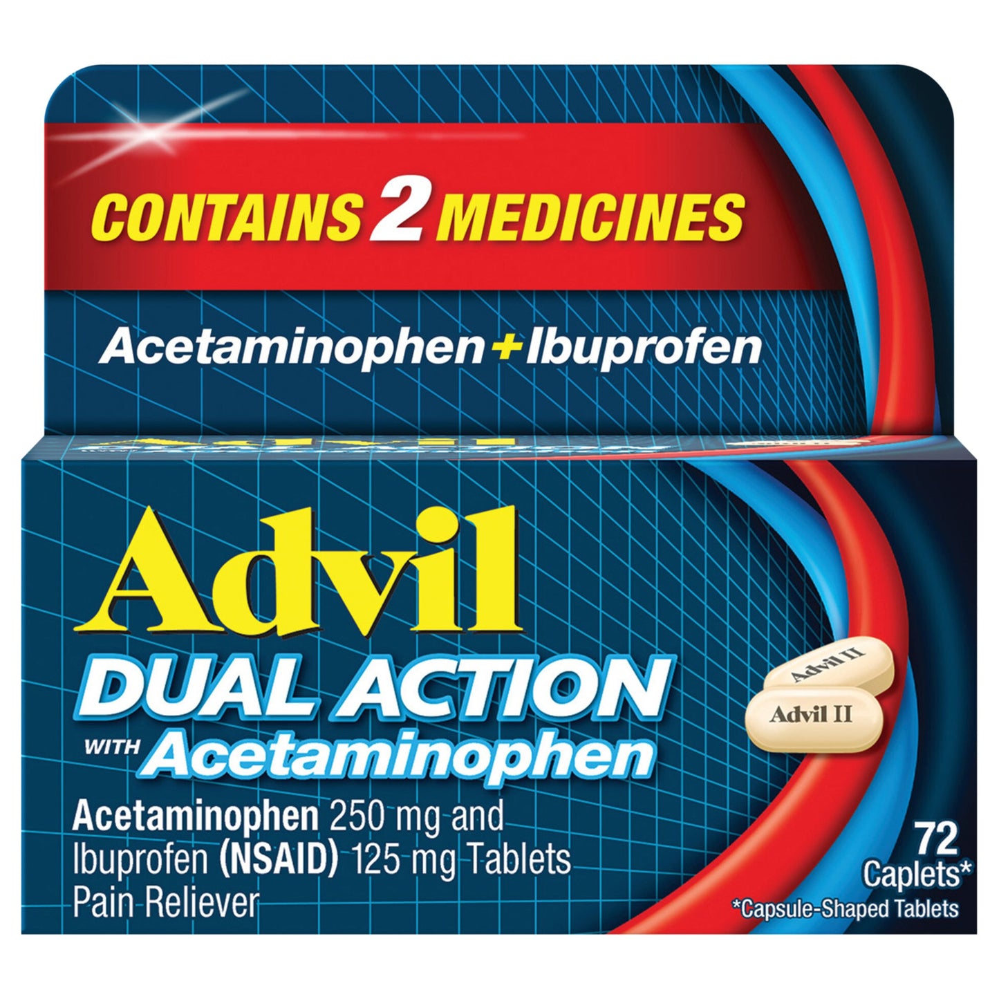 Advil Dual Action Coated Caplets with Acetaminophen, 250 Mg Ibuprofen and 500 Mg Acetaminophen Per Dose (2 Dose Equivalent) for 8 Hour Pain Relief