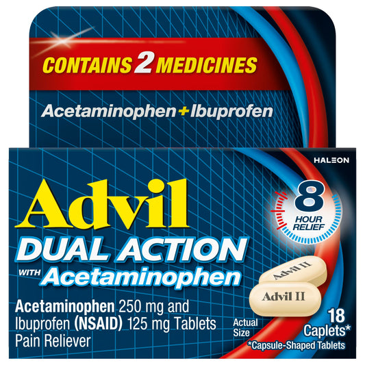 Advil Dual Action Coated Caplets with Acetaminophen, 125mg Ibuprofen and 250mg Acetaminophen Per Caplet for 8 Hour Pain Relief