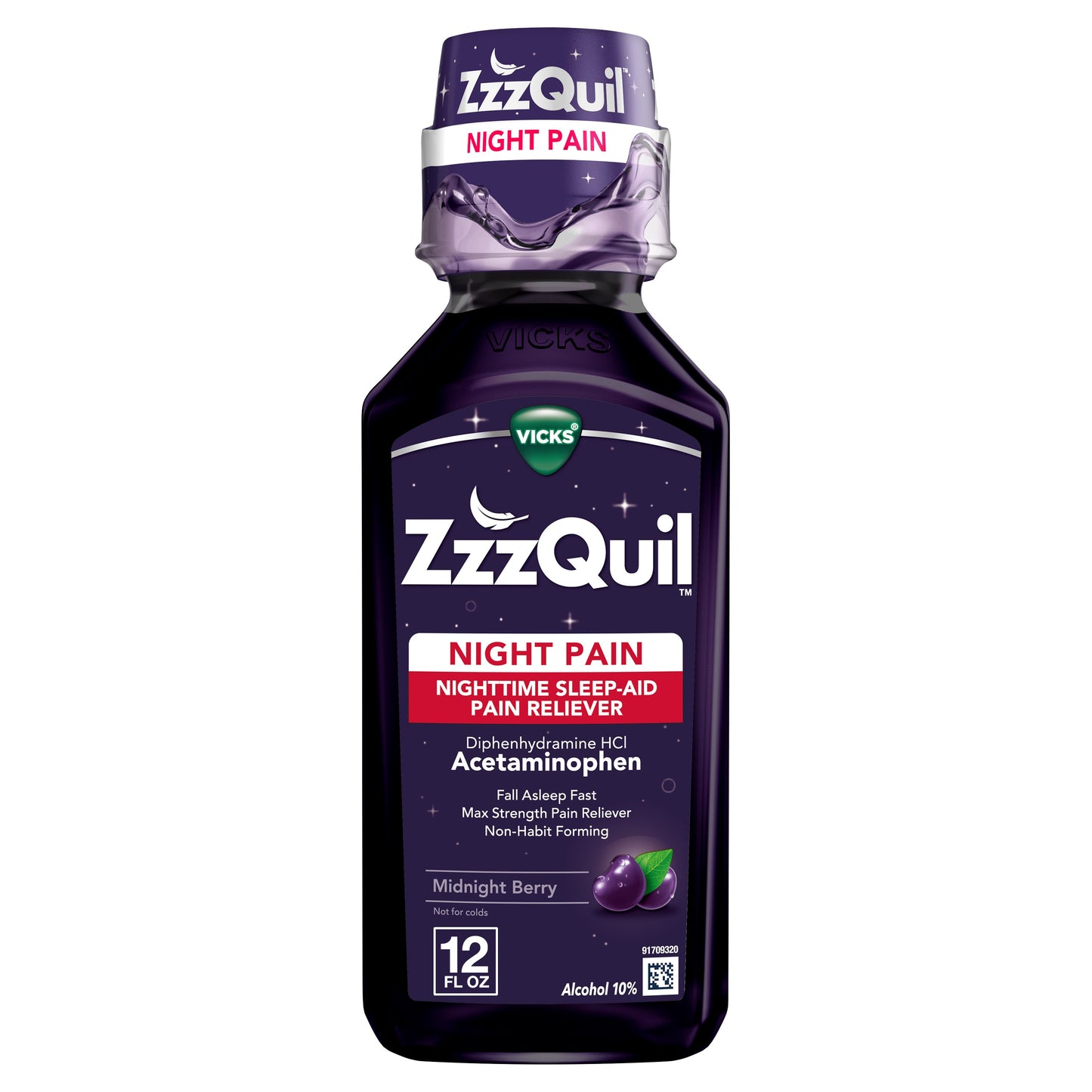 Vicks ZzzQuil Liquid Max Strength Pain Reliever, Nighttime Sleep Aid, Midnight Berry Flavor