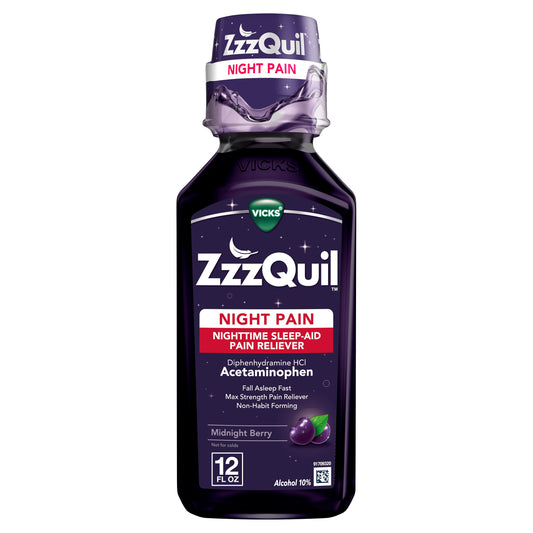 Vicks ZzzQuil Liquid Max Strength Pain Reliever, Nighttime Sleep Aid, Midnight Berry Flavor