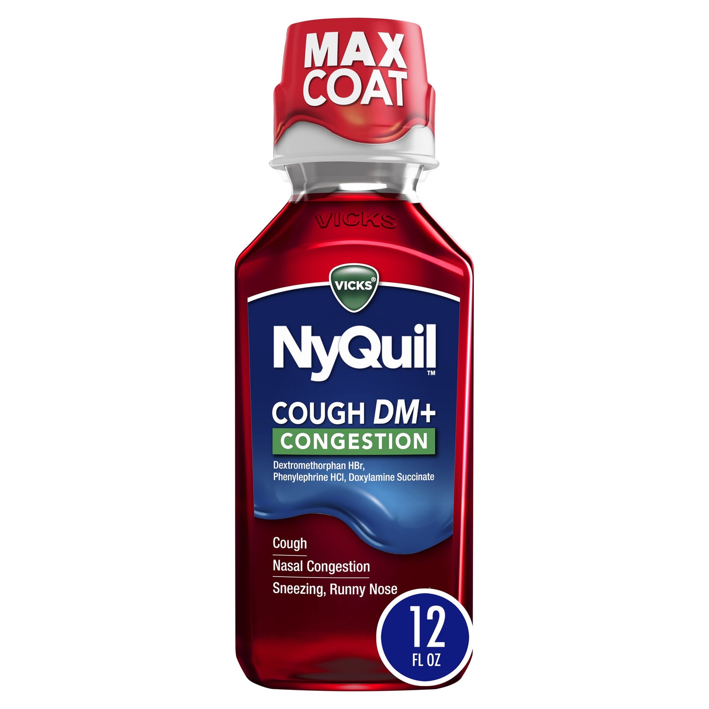 Vicks NyQuil Cough DM + Congestion Relief Liquid Medicine, Maximum Strength Multi-Symptom Nighttime Relief, Cherry Flavor
