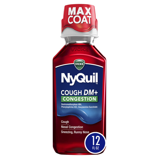 Vicks NyQuil Cough DM + Congestion Relief Liquid Medicine, Maximum Strength Multi-Symptom Nighttime Relief, Cherry Flavor