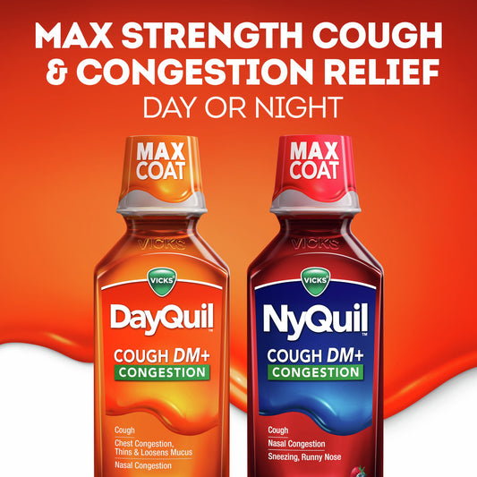 Vicks NyQuil Cough DM + Congestion Relief Liquid Medicine, Maximum Strength Multi-Symptom Nighttime Relief, Cherry Flavor
