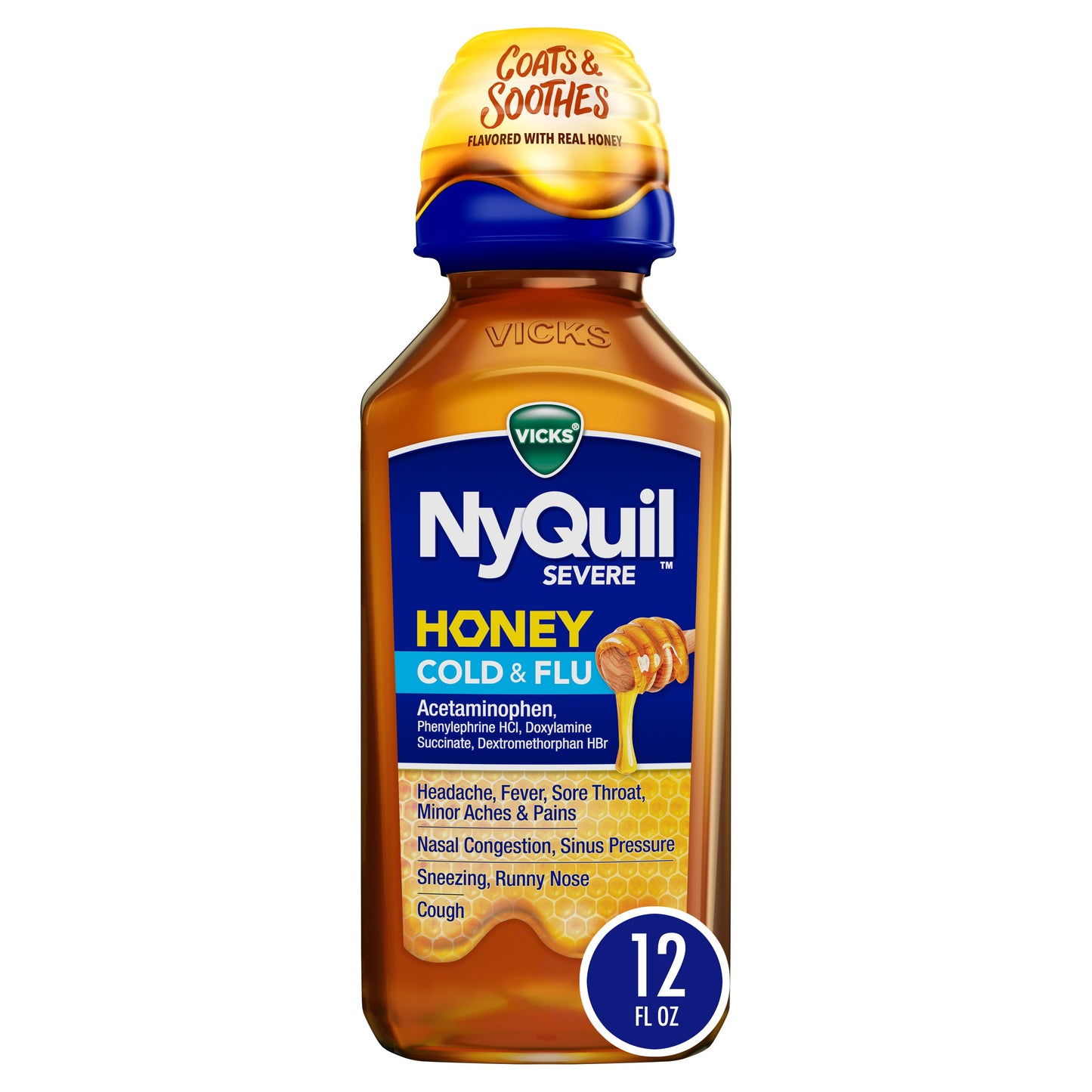 Vicks NyQuil SEVERE Cold & Flu Liquid Over-the-Counter Medicine, Powerful Nighttime Relief, Honey Flavor