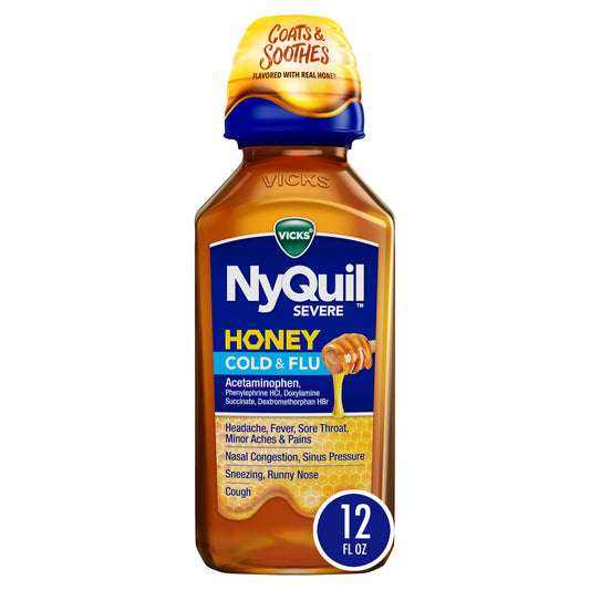Vicks NyQuil SEVERE Cold & Flu Liquid Over-the-Counter Medicine, Powerful Nighttime Relief, Honey Flavor