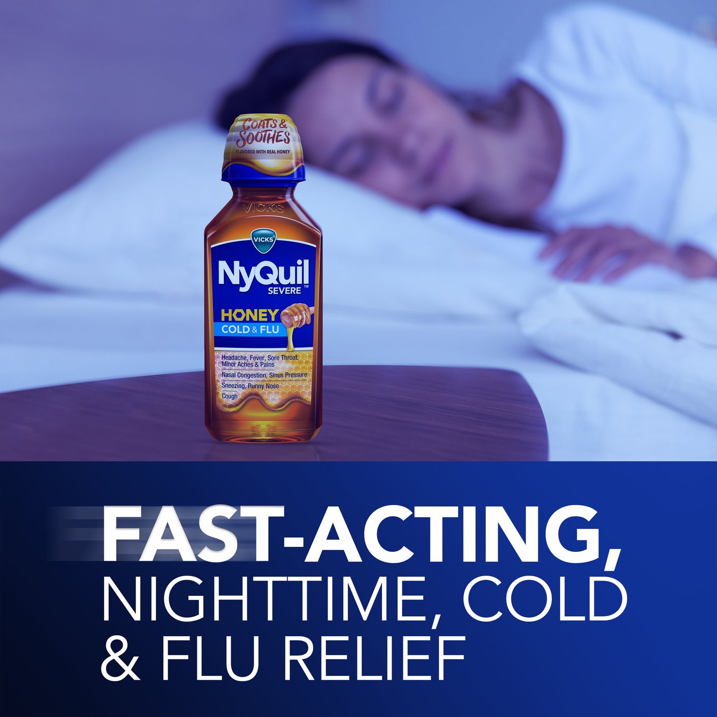 Vicks NyQuil SEVERE Cold & Flu Liquid Over-the-Counter Medicine, Powerful Nighttime Relief, Honey Flavor