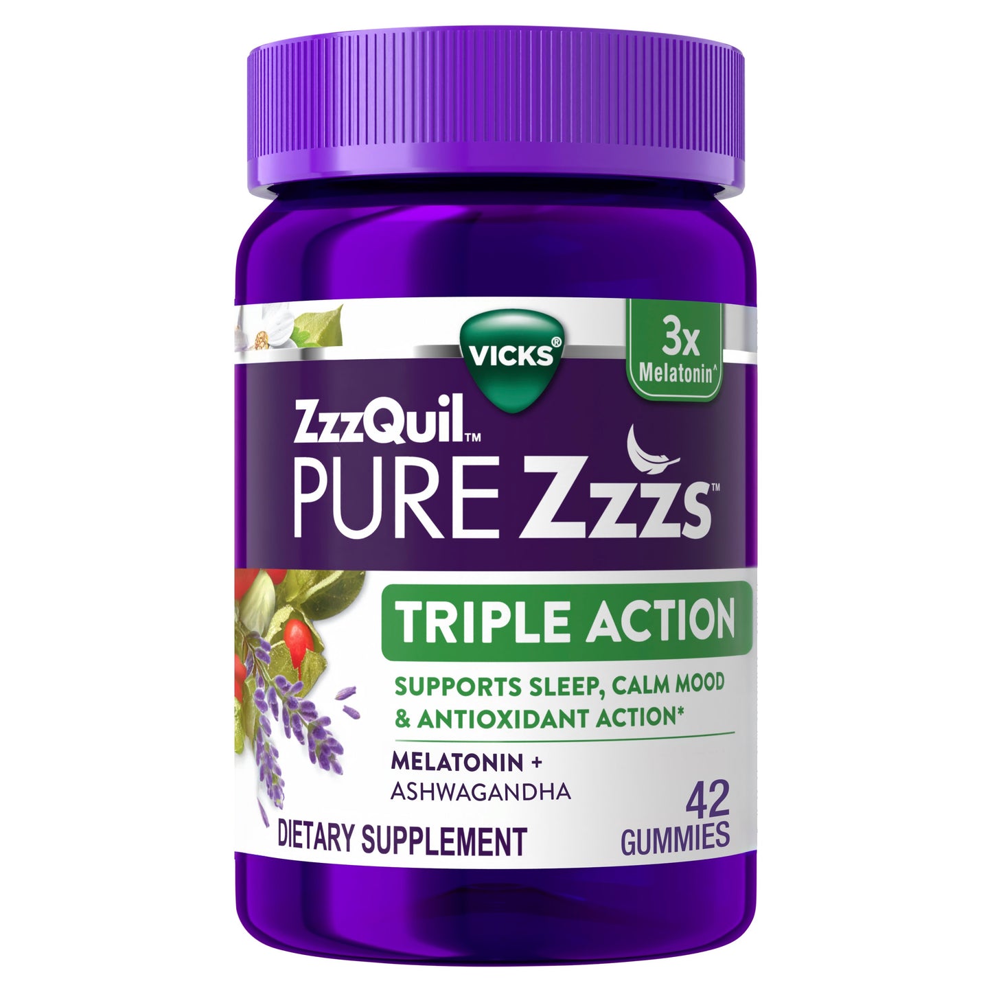 Vicks ZzzQuil PURE Zzzs Triple Action Melatonin Gummies, Sleep Aid with Ashwagandha