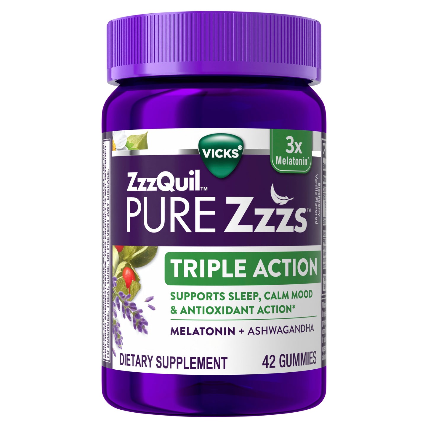 Vicks ZzzQuil PURE Zzzs Triple Action Melatonin Gummies, Sleep Aid with Ashwagandha