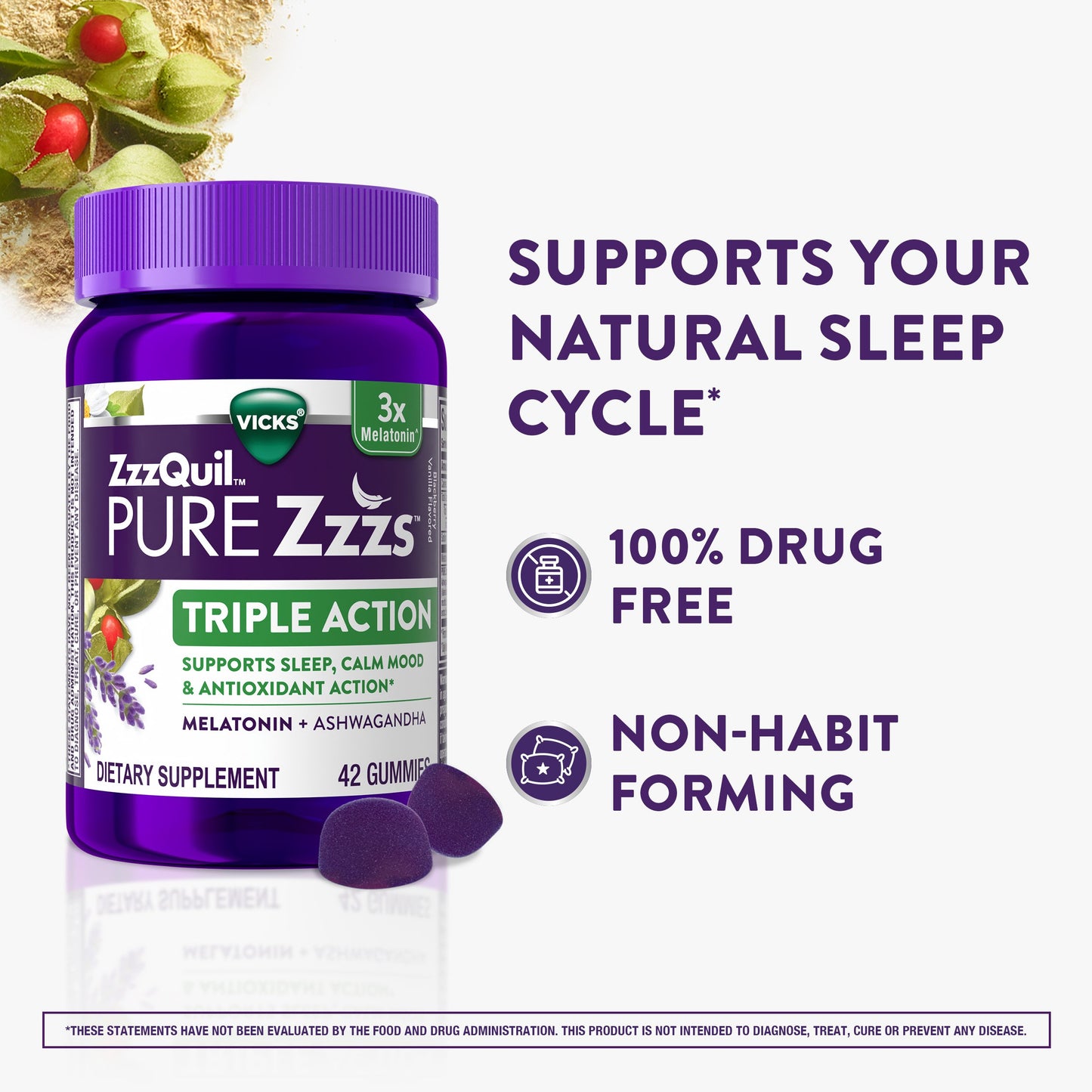 Vicks ZzzQuil PURE Zzzs Triple Action Melatonin Gummies, Sleep Aid with Ashwagandha