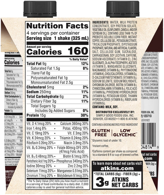 Atkins Iced Coffee Protein Shake - Café a Lait, 4 pk