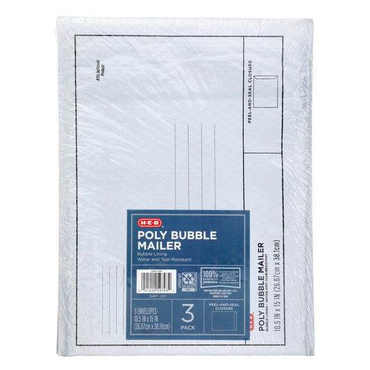 H-E-B Poly Bubble Mailer - White, 3 pk