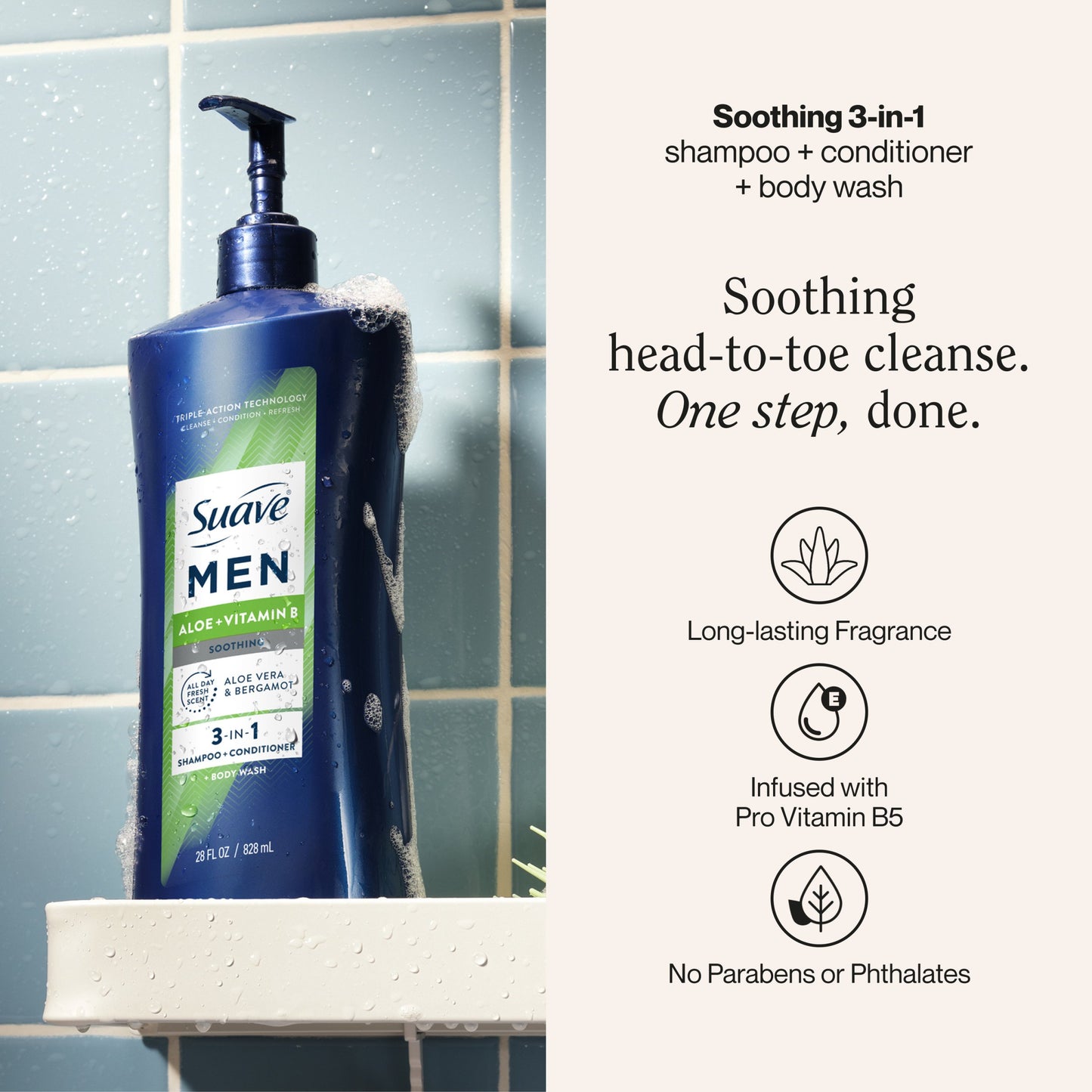 Suave Men Aloe Vera 3-in-1 Shampoo, Conditioner & Body Wash - Aloe & Bergamot