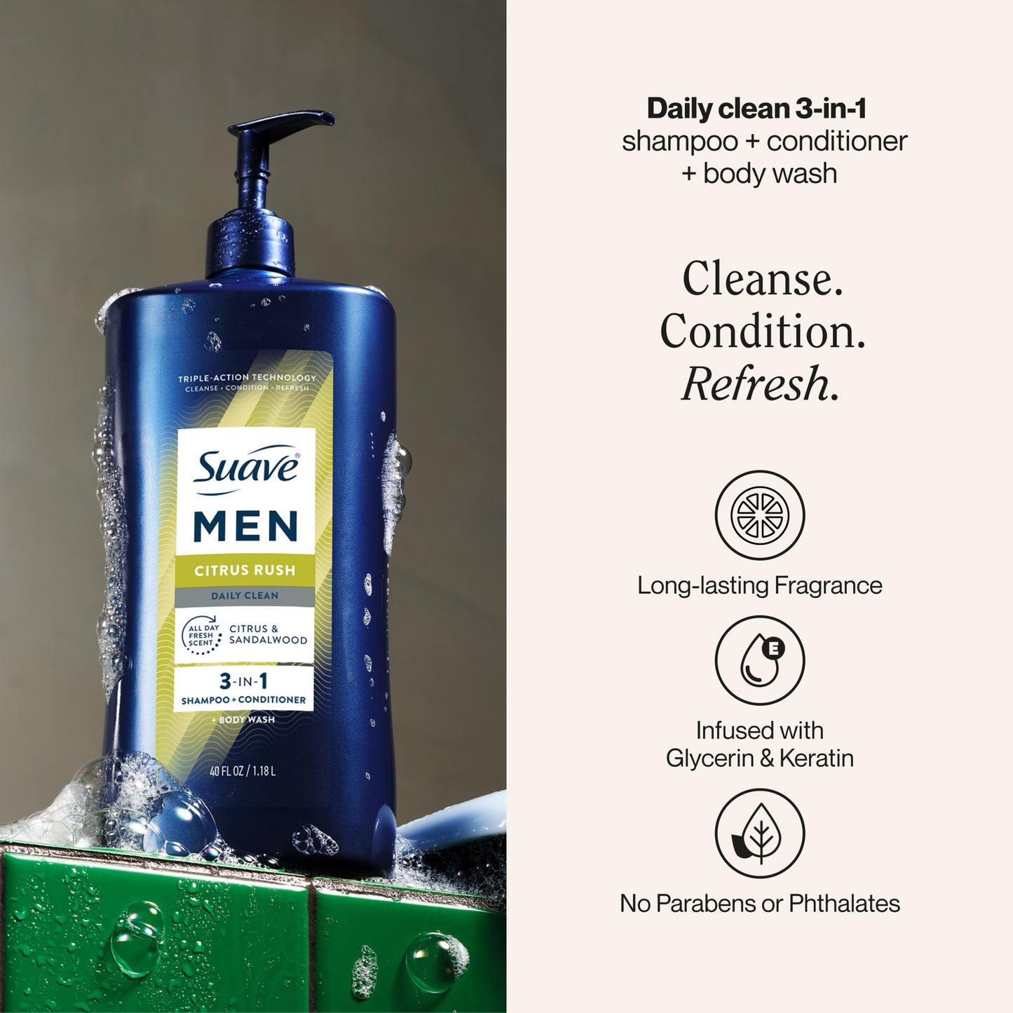 Suave Men 3-in1 Shampoo, Conditioner & Body Wash - Citrus Rush