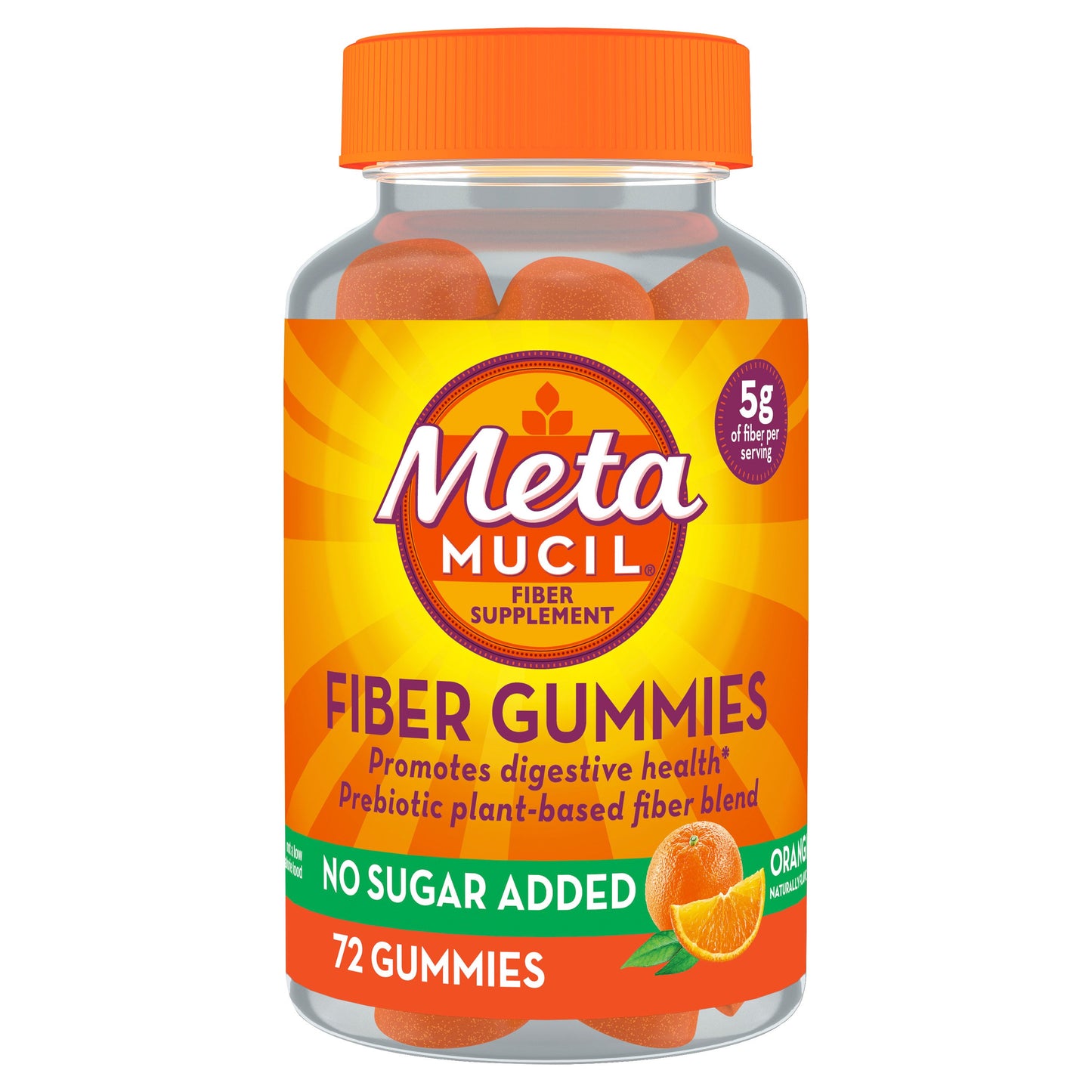 Metamucil Fiber Gummies, Plant-Based Prebiotic Fiber Supplement Blend, No Sugar Added, Orange Flavor
