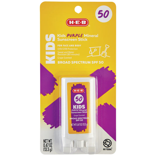 H-E-B Kids Purple Mineral Broad Spectrum Sunscreen Stick – SPF 50