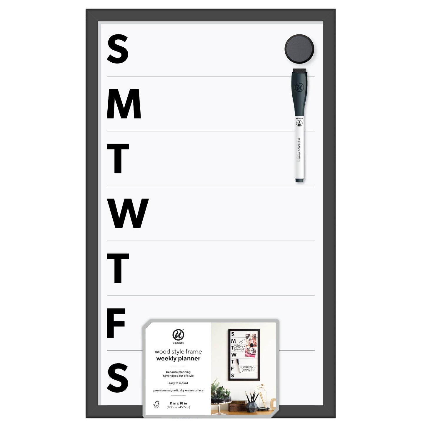 U Brands Wood Frame Weekly Dry Erase Planner