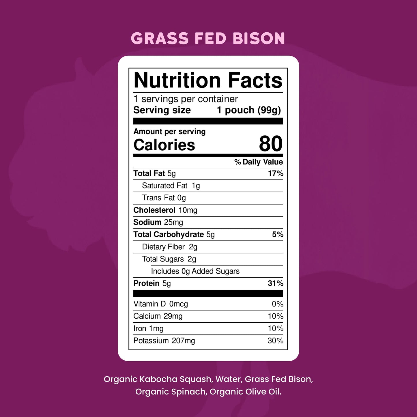 Serenity Kids Organic Pouch - Grass Fed Bison Kabocha Squash & Spinach