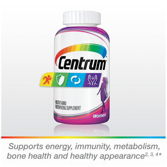Centrum Multivitamin for Women, Multivitamin/Multimineral Supplement with Iron, Vitamin D3, B Vitamins and Antioxidant Vitamins C and E, Gluten Free, Non-GMO Ingredients