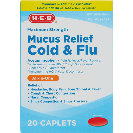 H-E-B Max Strength Mucus Relief Cold & Flu All-in-One Caplets
