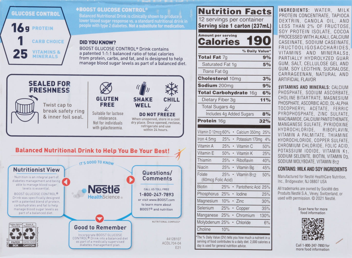 BOOST Glucose Control Nutritional 10g Protein Shake - Rich Chocolate 12 pk