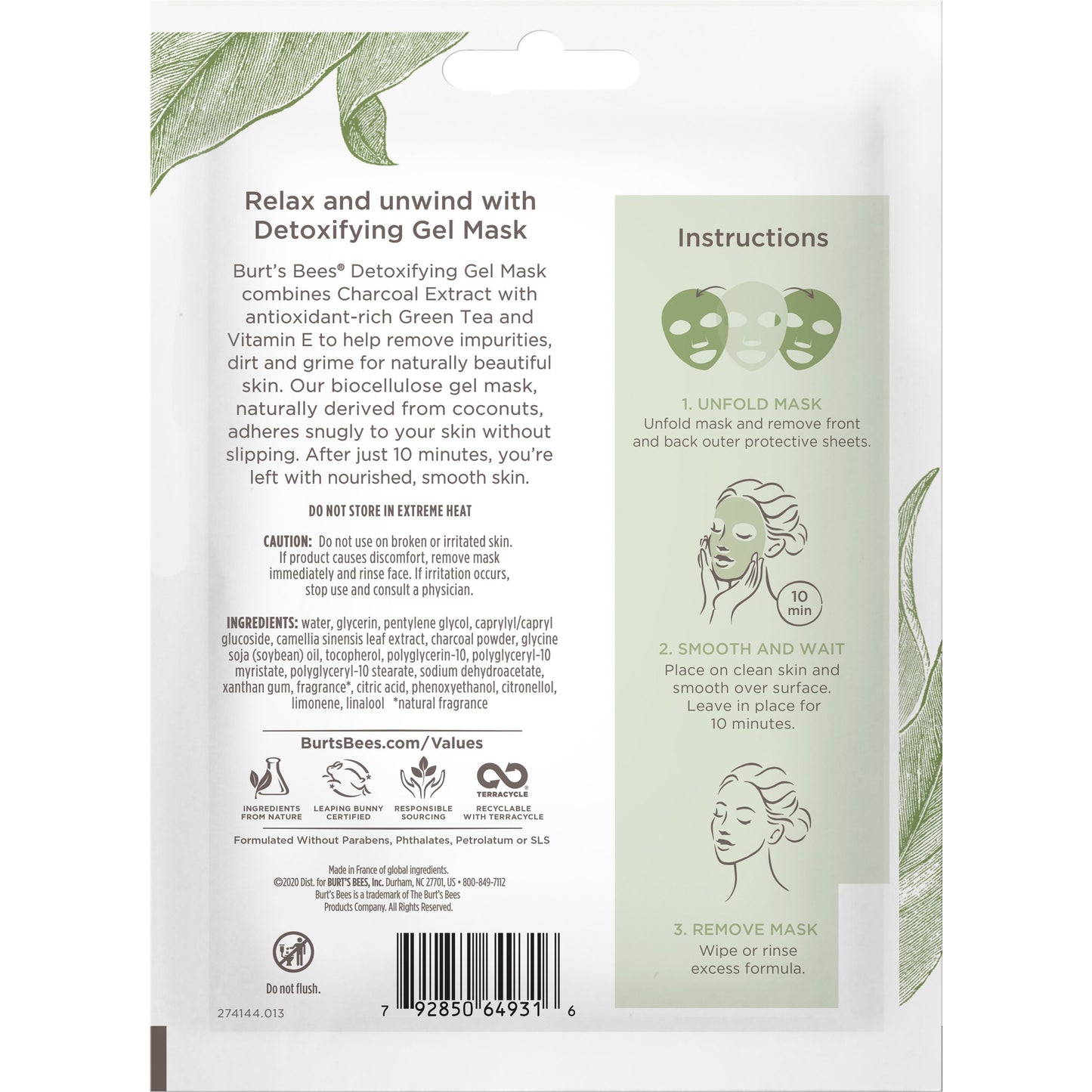 Burt's Bees Detoxifying Biocellulose Gel Mask - Charcoal & Green Tea