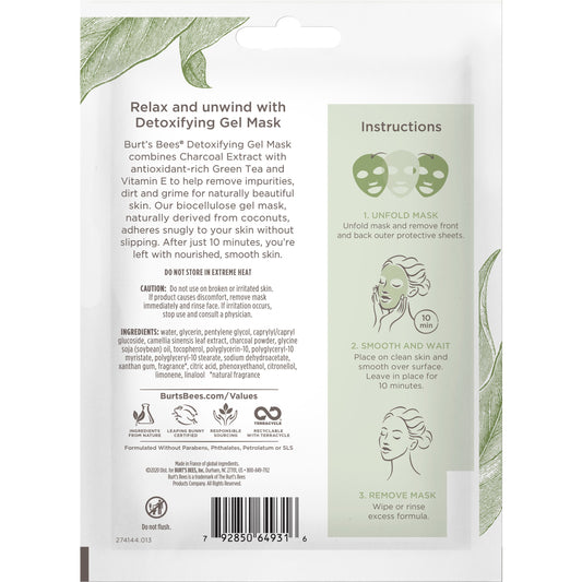 Burt's Bees Detoxifying Biocellulose Gel Mask - Charcoal & Green Tea