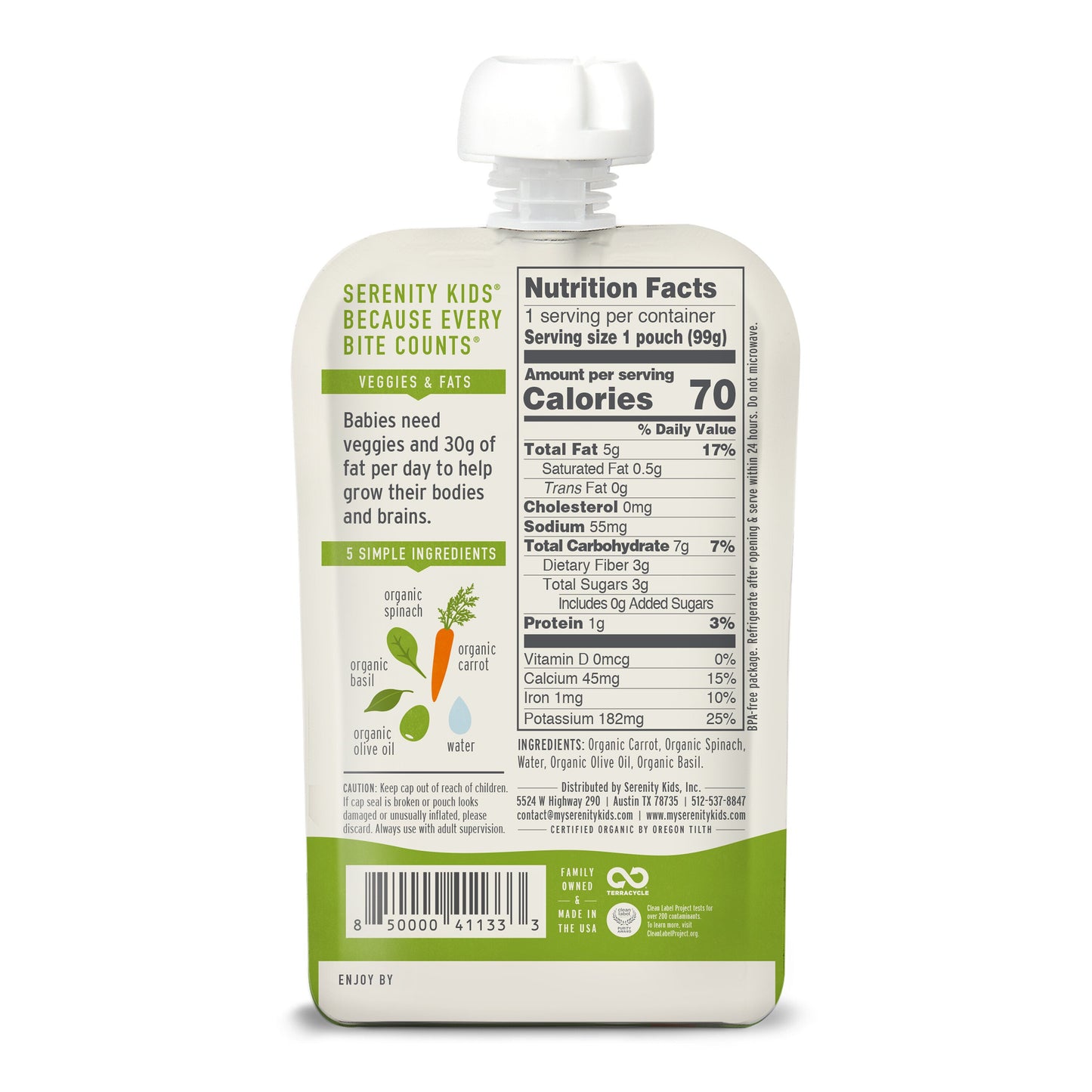 Serenity Kids Organic Baby Food Pouch - Carrot, Spinach & Basil