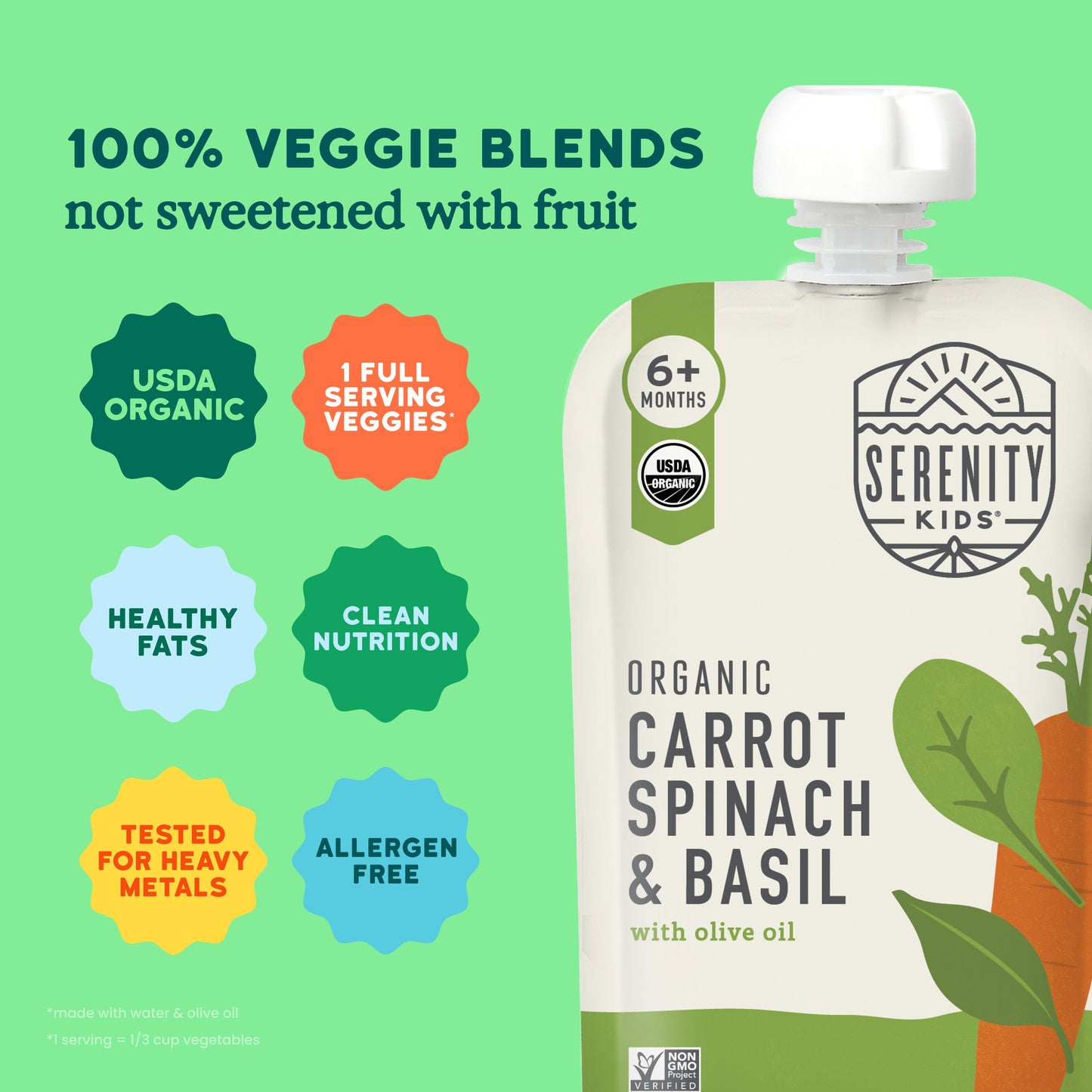 Serenity Kids Organic Baby Food Pouch - Carrot, Spinach & Basil