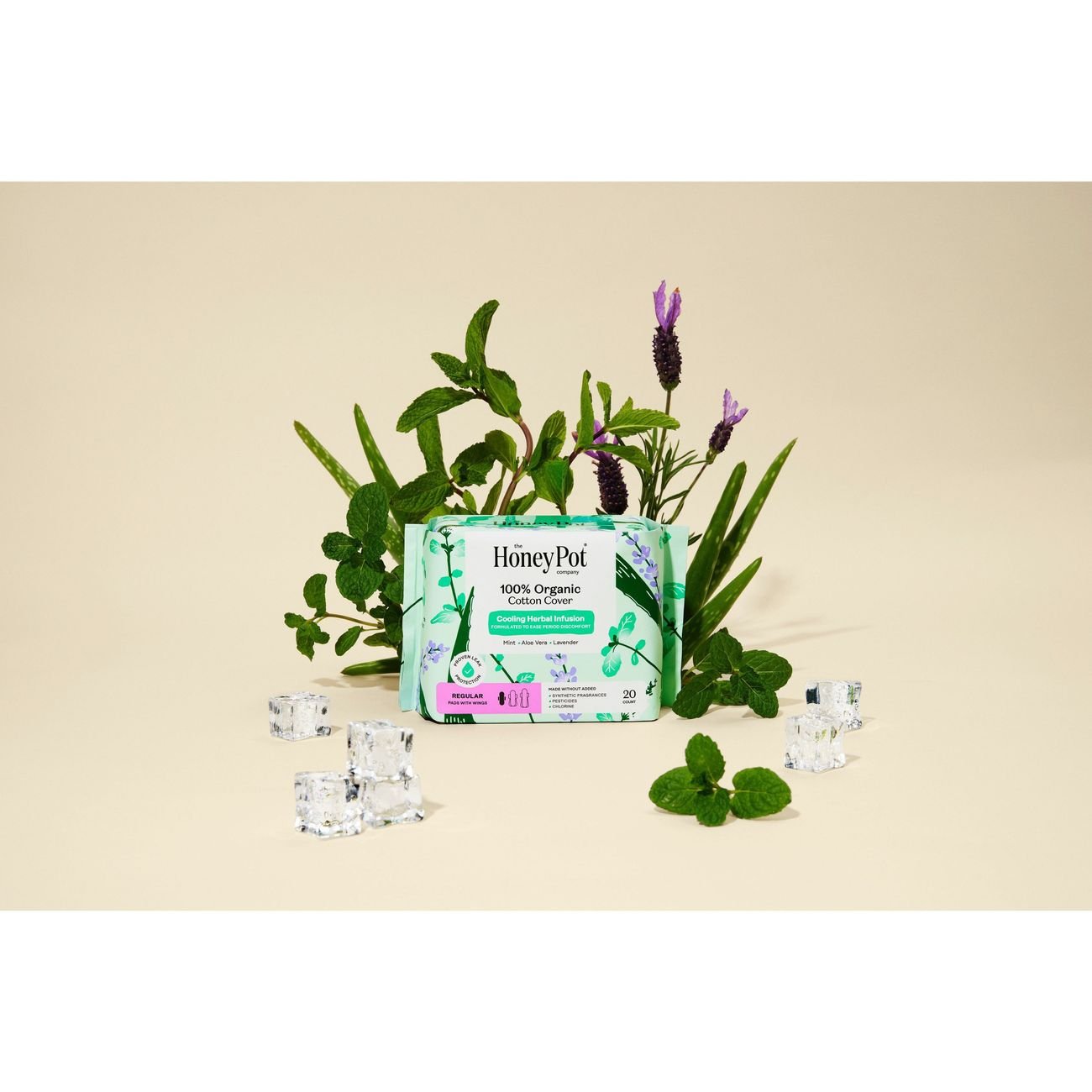 The Honey Pot 100% Organic Cotton Cooling Herbal Regular Pads with Wings