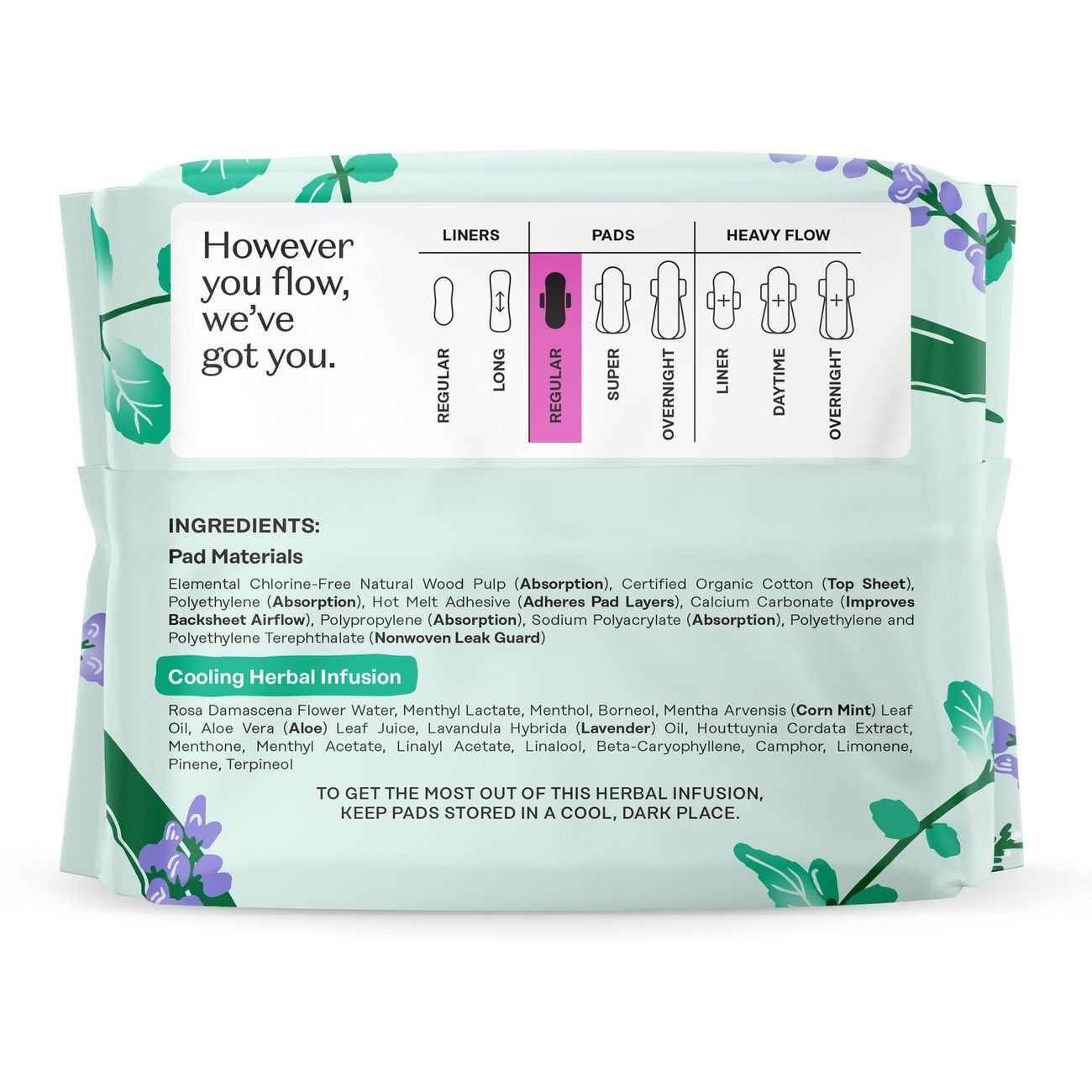 The Honey Pot 100% Organic Cotton Cooling Herbal Regular Pads with Wings