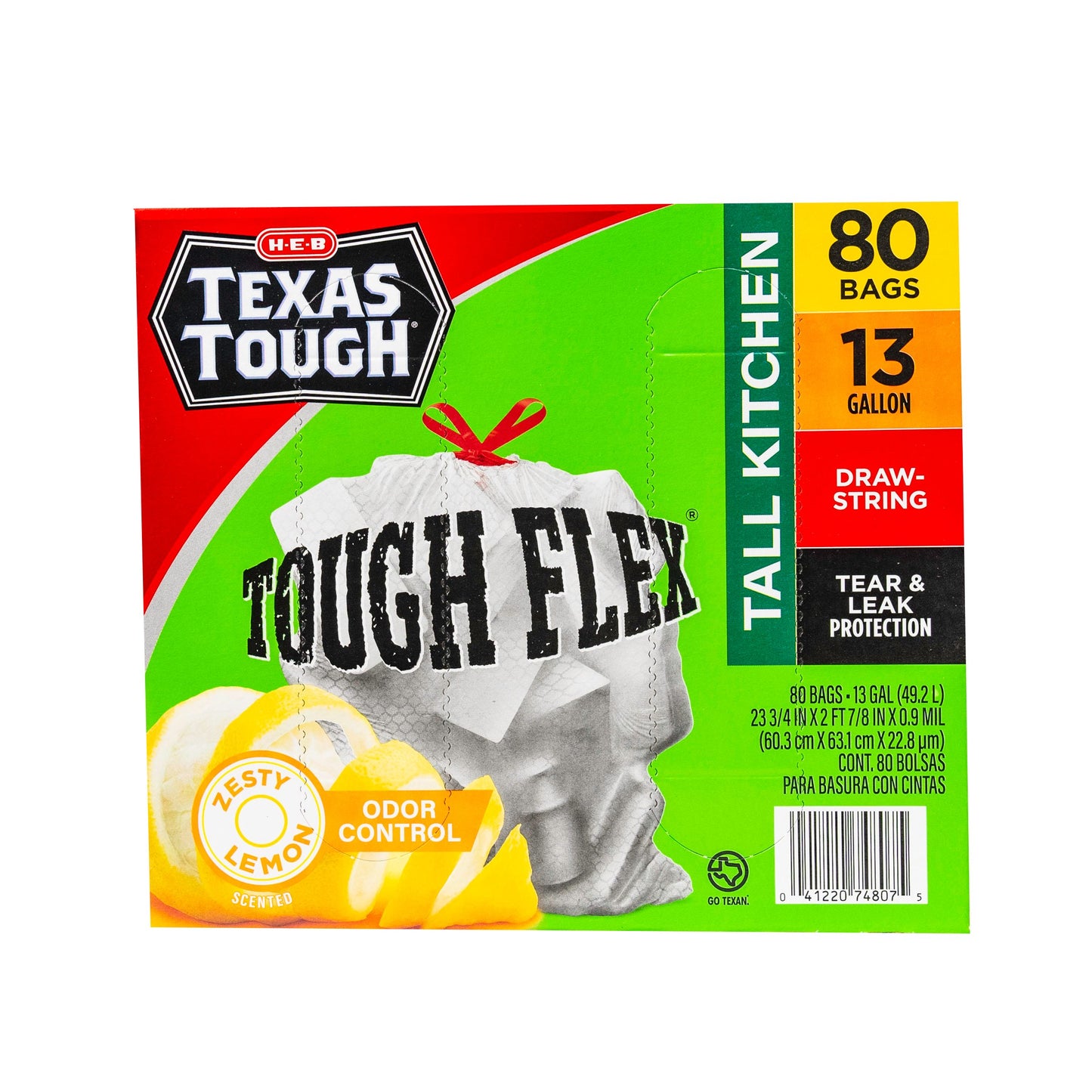 H-E-B Texas Tough Tall Kitchen Flex Trash Bags, 13 Gallon - Lemon Scent