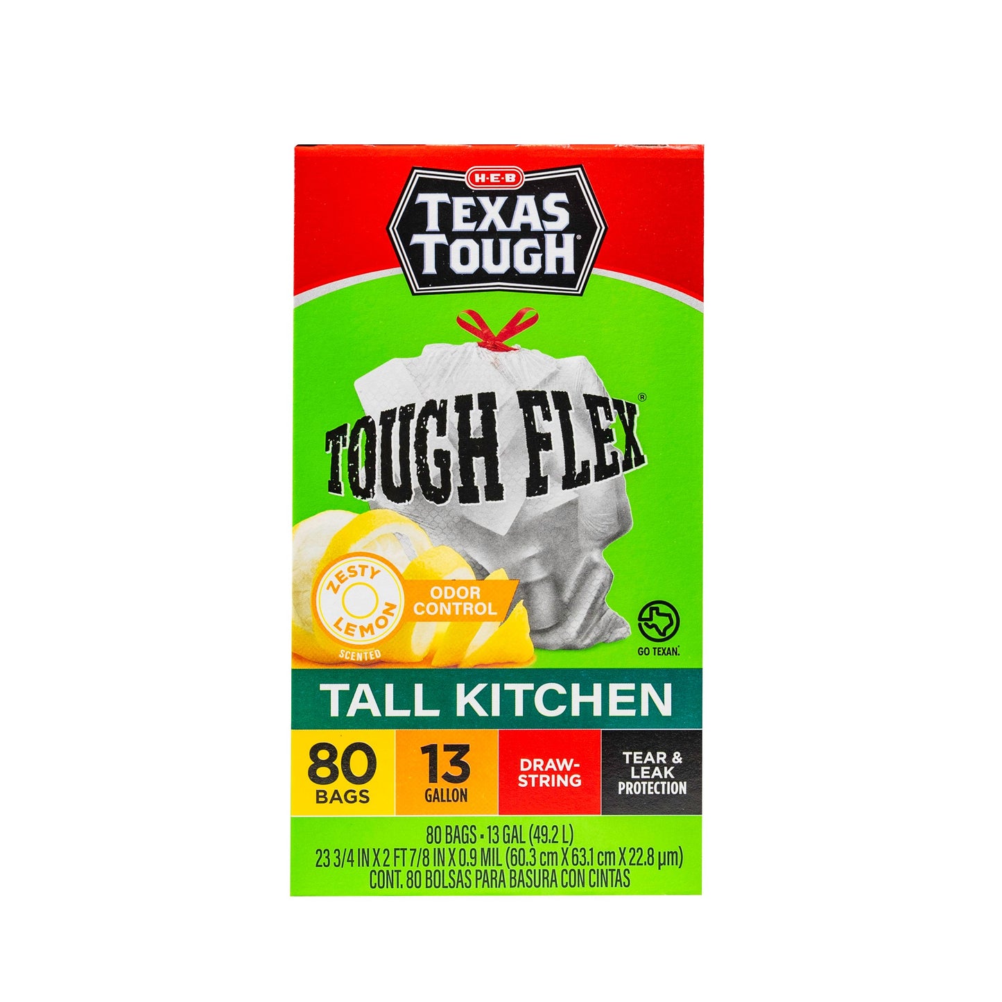 H-E-B Texas Tough Tall Kitchen Flex Trash Bags, 13 Gallon - Lemon Scent