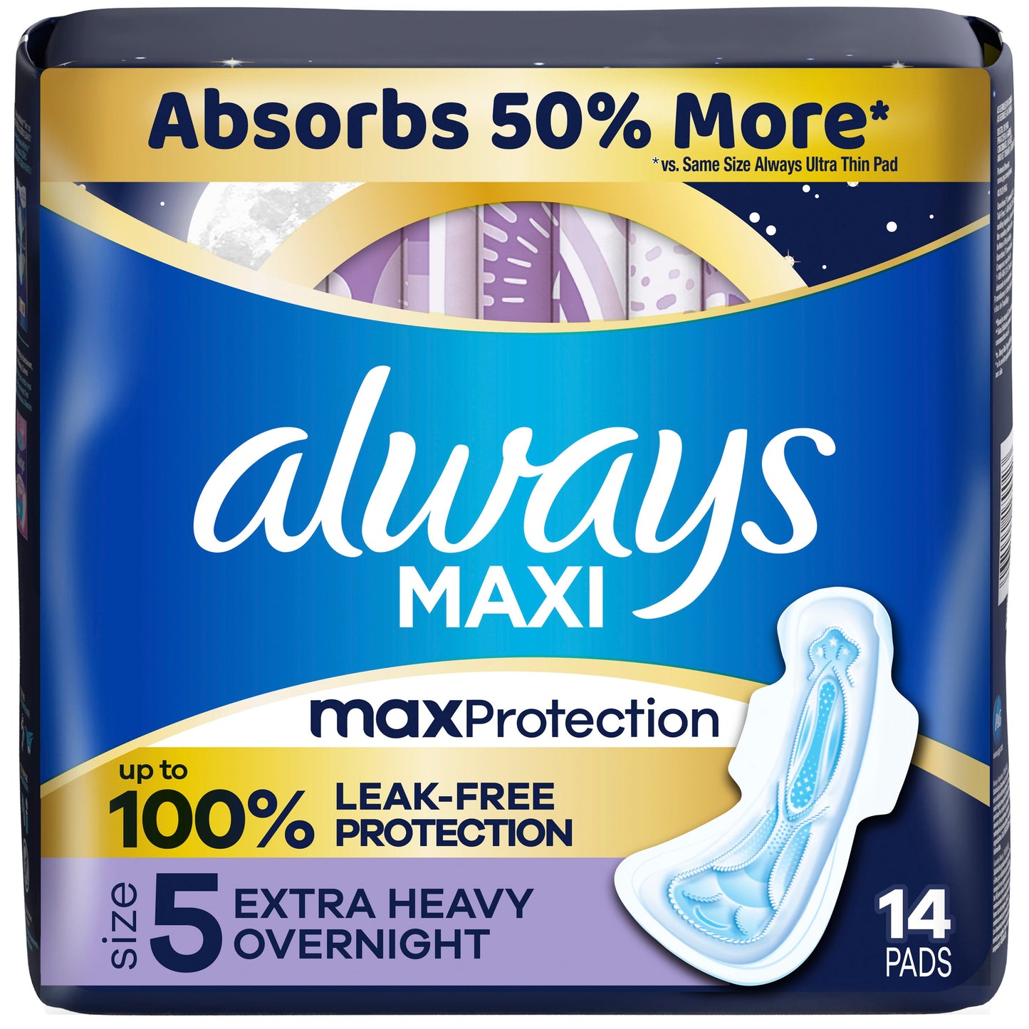 Always Maxi Overnight Pads with Wings for Women, Size 5, Extra Heavy Overnight Absorbency, Unscented, 14 Count