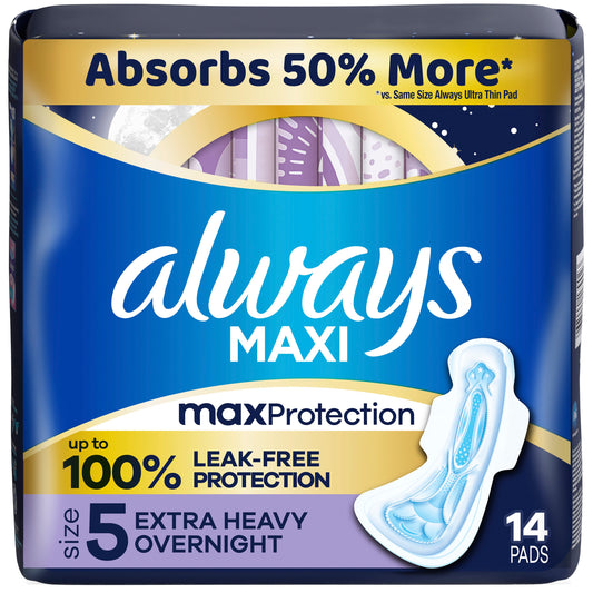 Always Maxi Overnight Pads with Wings for Women, Size 5, Extra Heavy Overnight Absorbency, Unscented, 14 Count