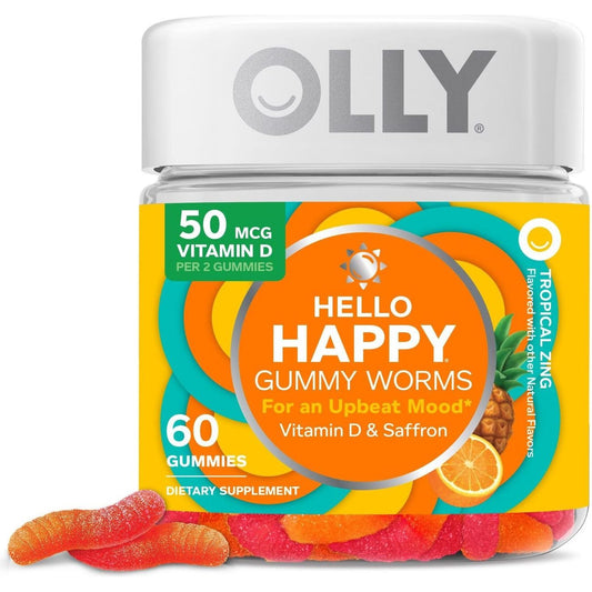 OLLY Hello Happy Mood Support 50 mcg Vitamin D & Saffron Gummy Worms - Tropical Zing
