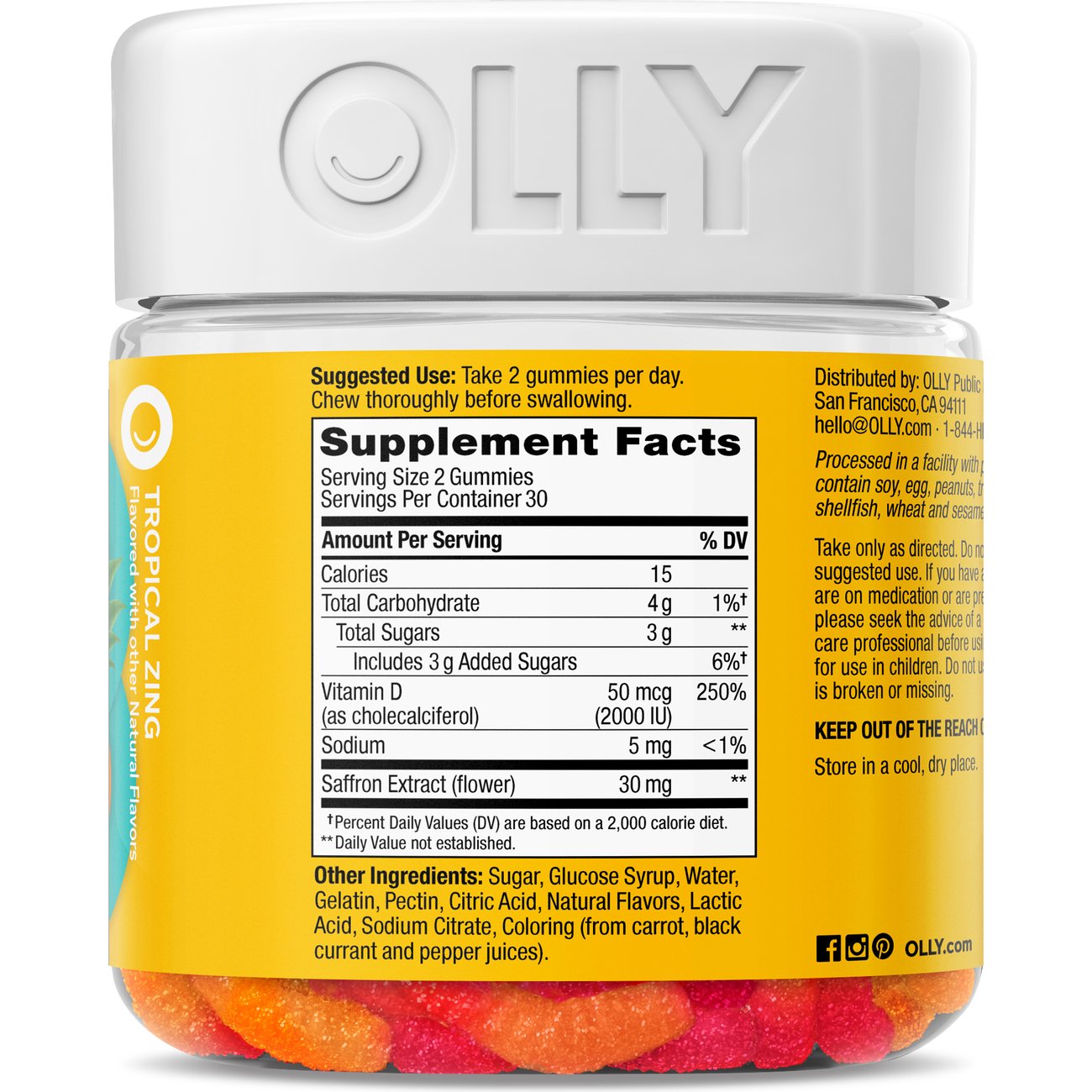 OLLY Hello Happy Mood Support 50 mcg Vitamin D & Saffron Gummy Worms - Tropical Zing