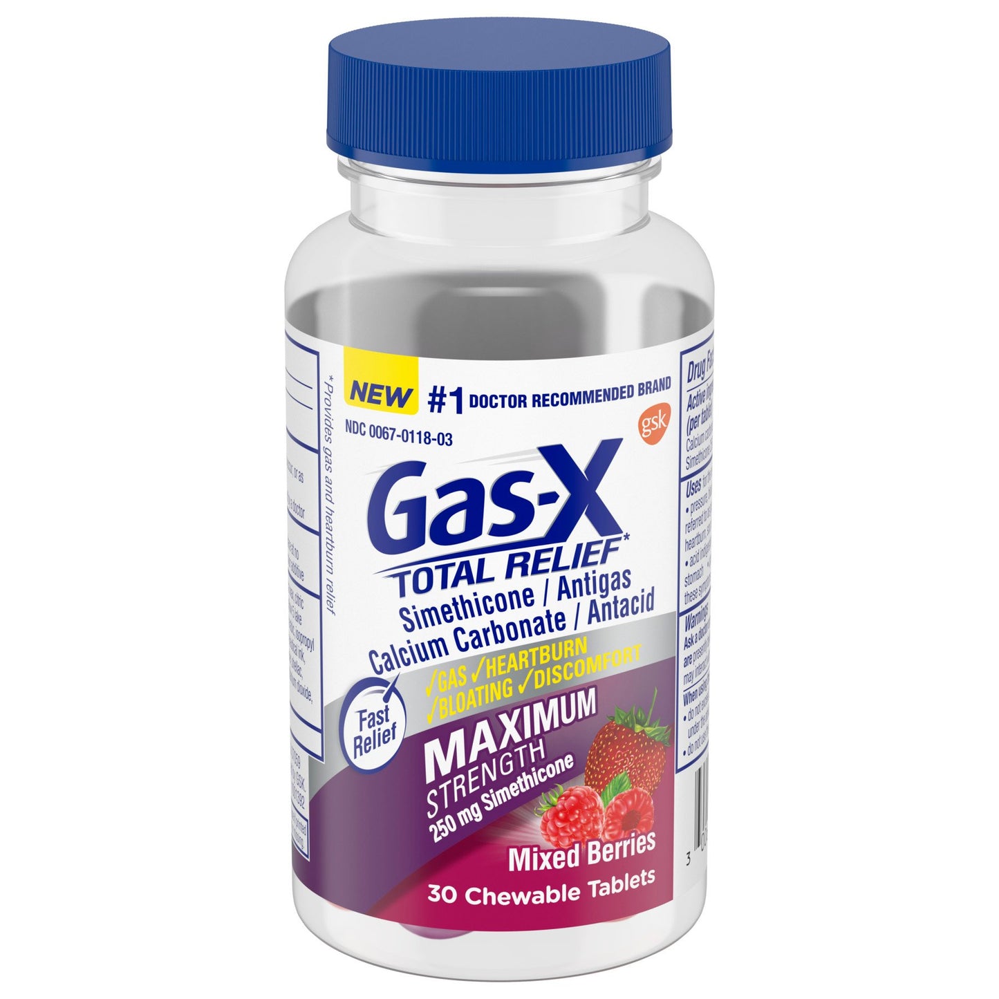 Gas-x Total Relief Chewable Tablets with Maximum Strength Gas Relief Simethicone 250 mg and Heartburn Relief Calcium Carbonate 750 mg, Mixed Berries