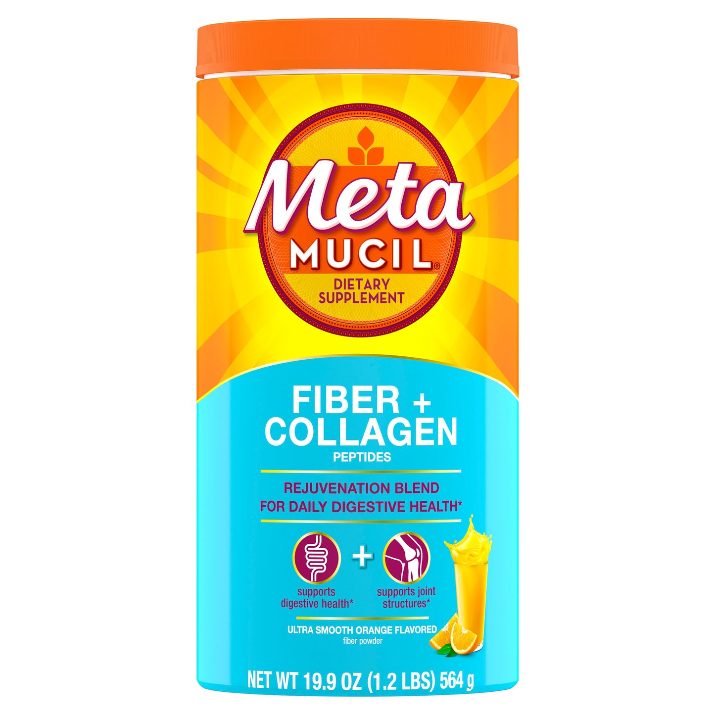 Metamucil 3-in-1 Psyllium Husk Fiber Supplement + Collagen, Plant-Based, Sugar-Free with Stevia, Daily Fiber Powder for Digestive Health, Orange Flavor