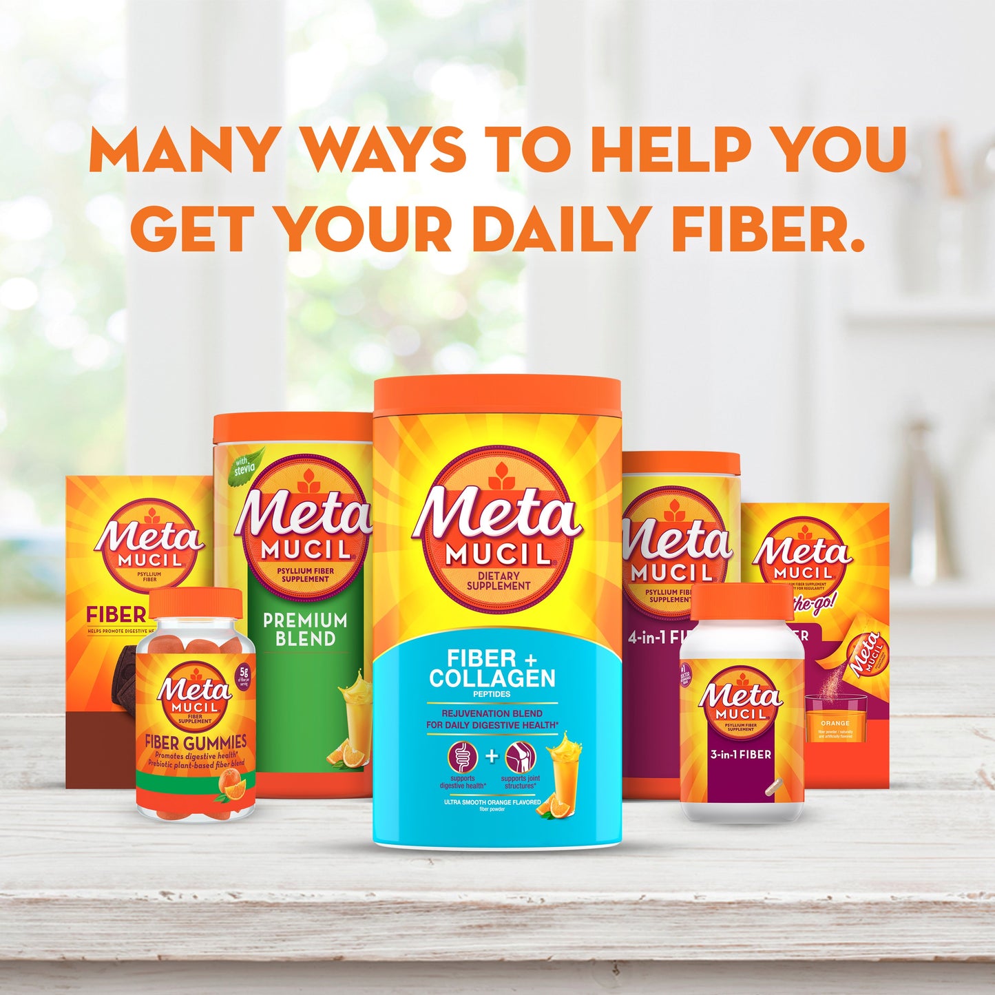 Metamucil 3-in-1 Psyllium Husk Fiber Supplement + Collagen, Plant-Based, Sugar-Free with Stevia, Daily Fiber Powder for Digestive Health, Orange Flavor