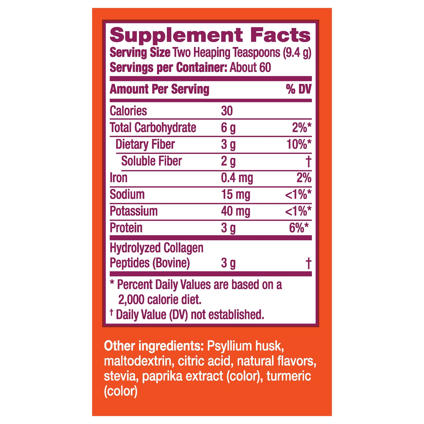 Metamucil 3-in-1 Psyllium Husk Fiber Supplement + Collagen, Plant-Based, Sugar-Free with Stevia, Daily Fiber Powder for Digestive Health, Orange Flavor