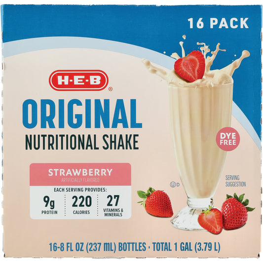 H-E-B Original 9g Protein Nutritional Shakes 16 pk Bottles - Strawberry