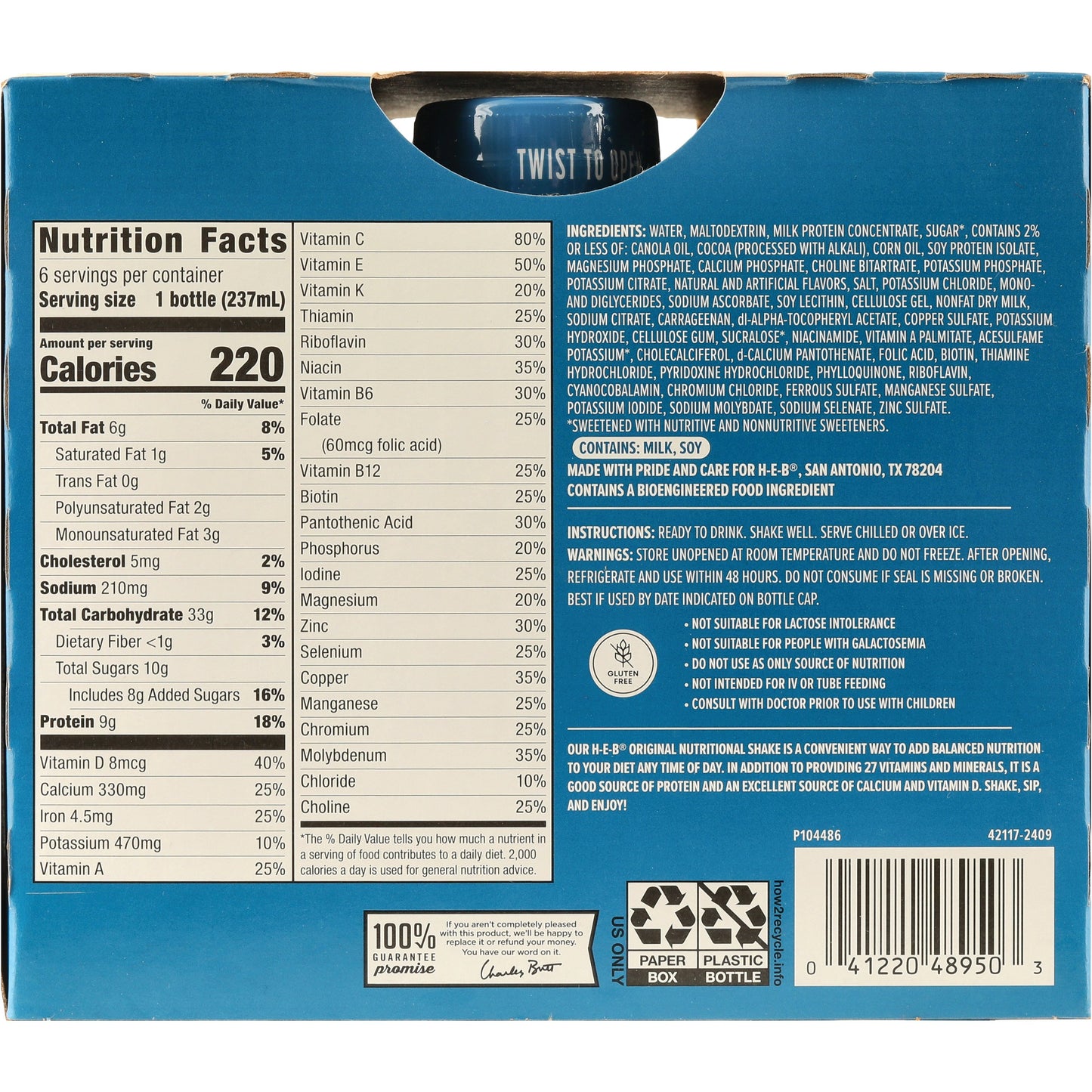 H-E-B Original 9g Protein Nutritional Shakes 6 pk Bottles - Chocolate