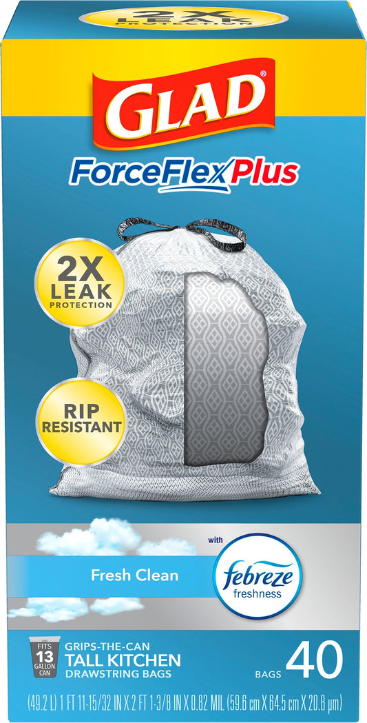 Glad ForceFlex Plus Fresh Clean Drawstring Tall Kitchen 13 Gallon Trash Bags