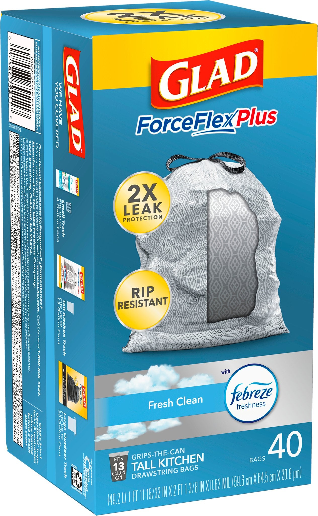 Glad ForceFlex Plus Fresh Clean Drawstring Tall Kitchen 13 Gallon Trash Bags