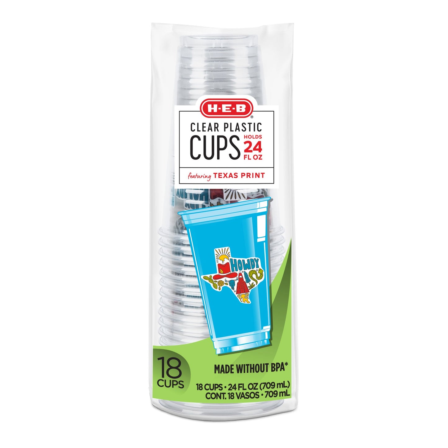 H-E-B 24 oz Clear Plastic Cups – Texas "Howdy" Design