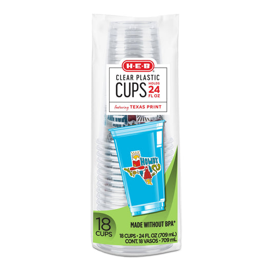 H-E-B 24 oz Clear Plastic Cups – Texas "Howdy" Design