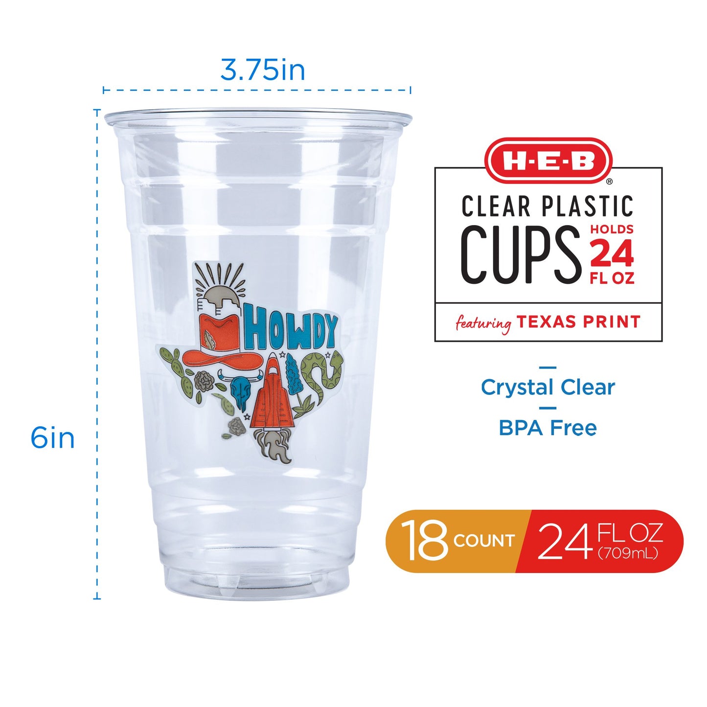 H-E-B 24 oz Clear Plastic Cups – Texas "Howdy" Design